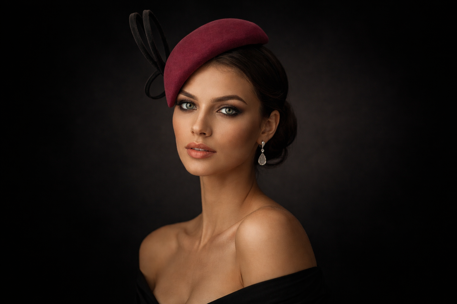 Mujer elegante vistiendo un tocado artesanal MaQ Hats en color burdeos con detalles negros, sobre fondo oscuro en degradado
