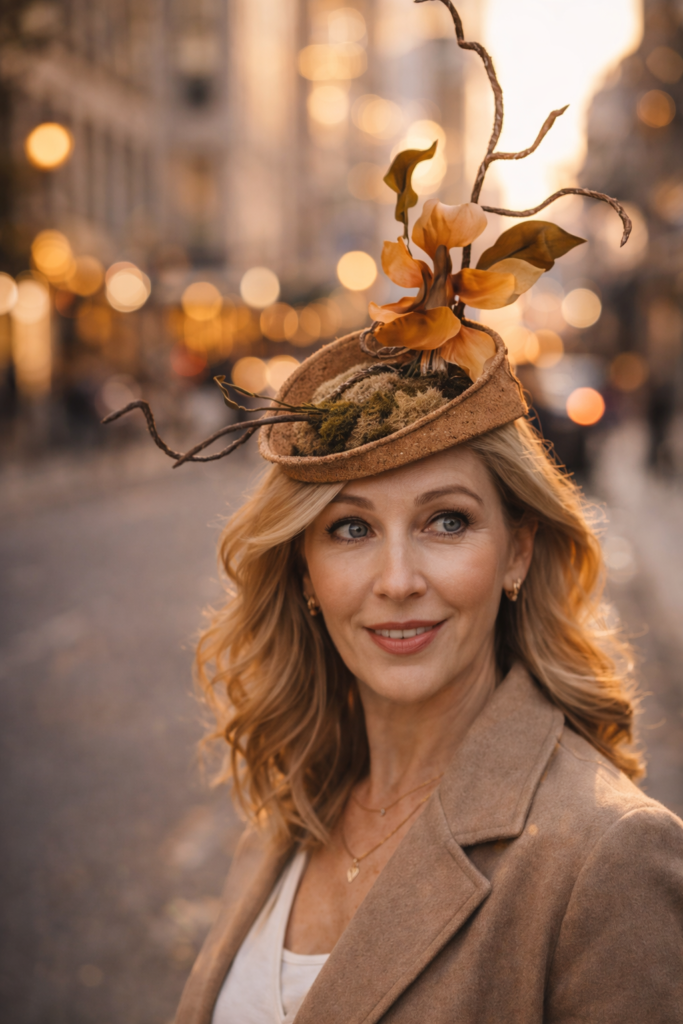 Mujer elegante de unos 45 años caminando por una calle de ciudad durante la golden hour, luciendo un sombrero artesanal escultural con elementos florales y ramas, con fondo urbano desenfocado y bokeh cálido.