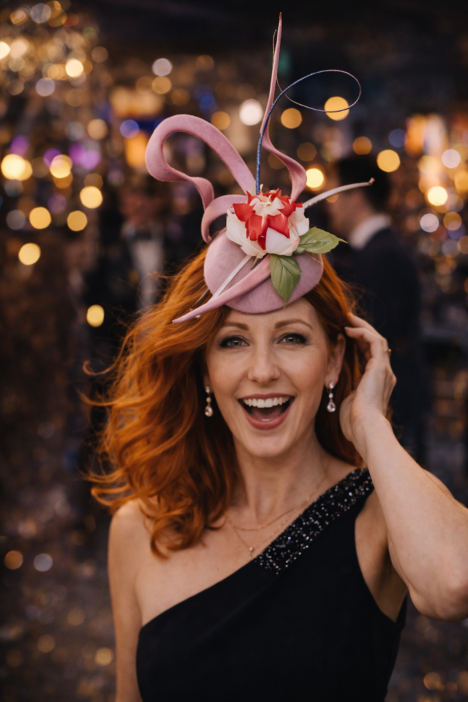 Mujer pelirroja elegante de unos 30 años disfrutando en una fiesta nocturna, luciendo un tocado artesanal rosa con flor y formas escultóricas, con fondo desenfocado y bokeh de luces.