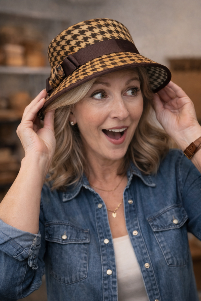 Mujer probándose un sombrero femenino artesanal de estilo houndstooth en un atelier de sombrerería, mostrando sorpresa y satisfacción al verse con el diseño.